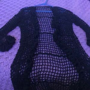 Handmade Crochet Mesh Cardigan/Swim Coverup Black With Ruffled Trim